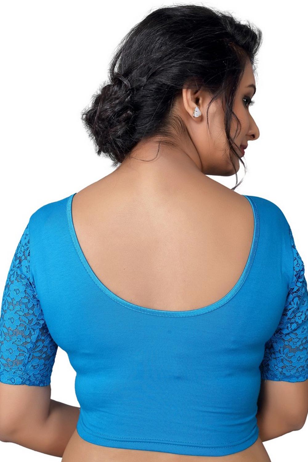 Peacock Blue Cotton Lycra Blend Stretchable Non-Padded Elbow Sleeves Saree Blouse