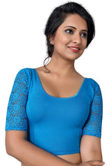 Peacock Blue Cotton Lycra Blend Stretchable Non-Padded Elbow Sleeves Saree Blouse