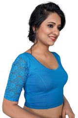 Peacock Blue Cotton Lycra Blend Stretchable Non-Padded Elbow Sleeves Saree Blouse