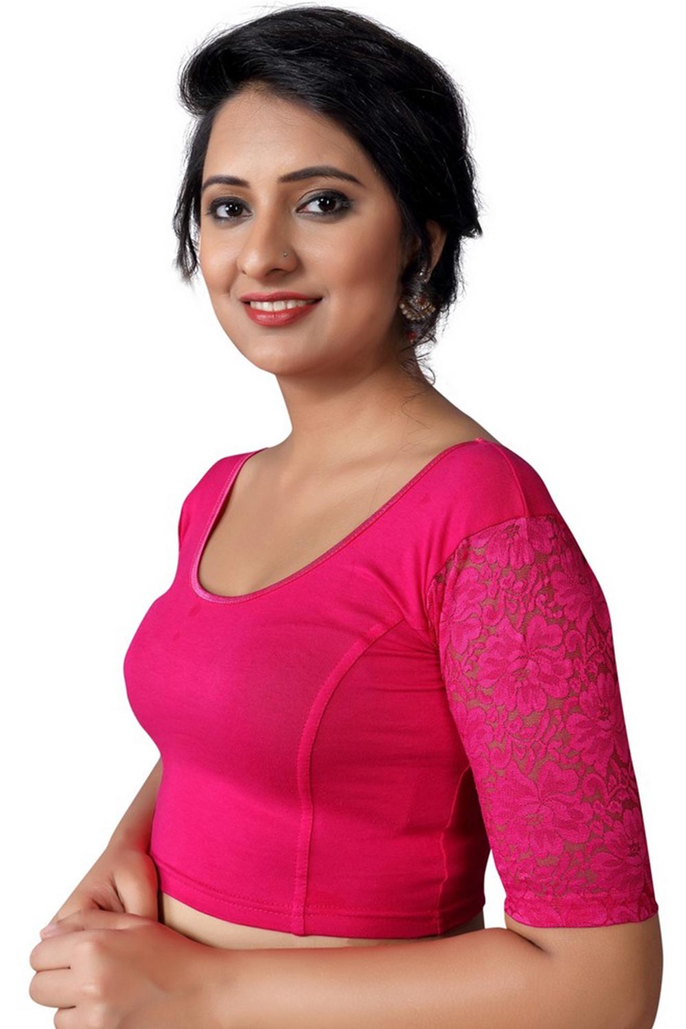 Pink Cotton Lycra Blend Stretchable Non-Padded Elbow Sleeves Saree Blouse