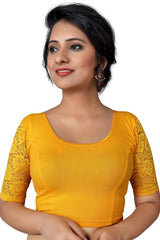 Yellow Cotton Lycra Blend Stretchable Non-Padded Elbow Sleeves Saree Blouse