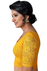 Yellow Cotton Lycra Blend Stretchable Non-Padded Elbow Sleeves Saree Blouse