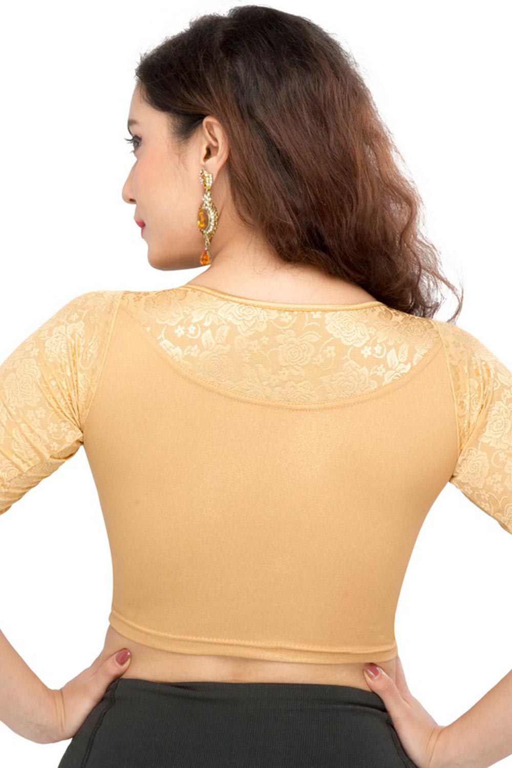 Gold Polyester Stretchable Non-Padded Elbow Sleeves Saree Blouse