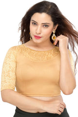 Gold Polyester Stretchable Non-Padded Elbow Sleeves Saree Blouse