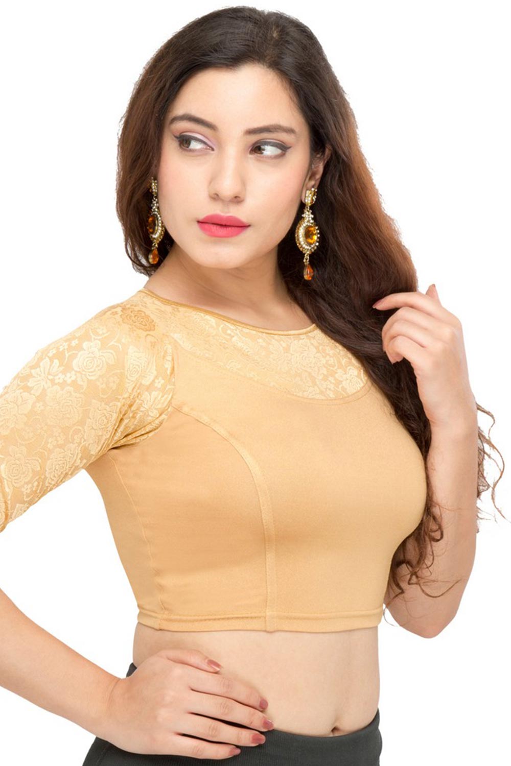 Gold Polyester Stretchable Non-Padded Elbow Sleeves Saree Blouse