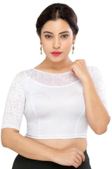 Silver Polyester Stretchable Non-Padded Elbow Sleeves Saree Blouse