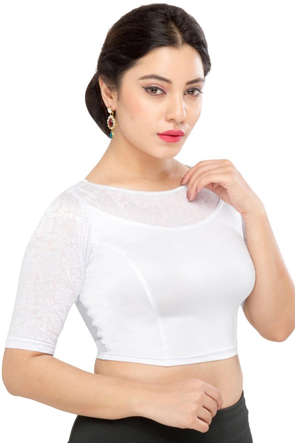 Silver Polyester Stretchable Non-Padded Elbow Sleeves Saree Blouse