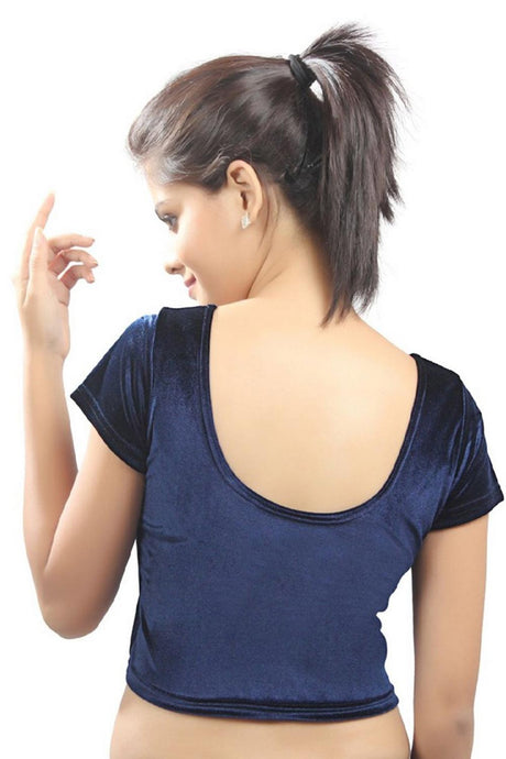 Navy Blue Velvet Stretchable Non-Padded Short Sleeves Saree Blouse