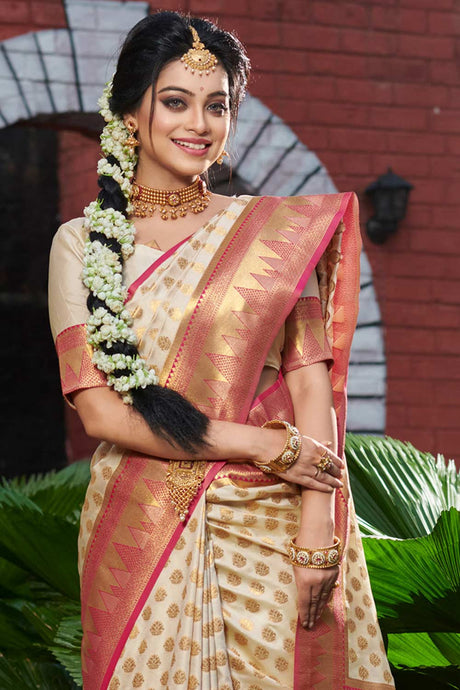 Off-White Banarasi Woven Saree