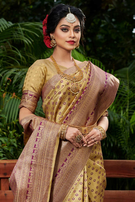 Yellow Printed Banarasi Woven Saree