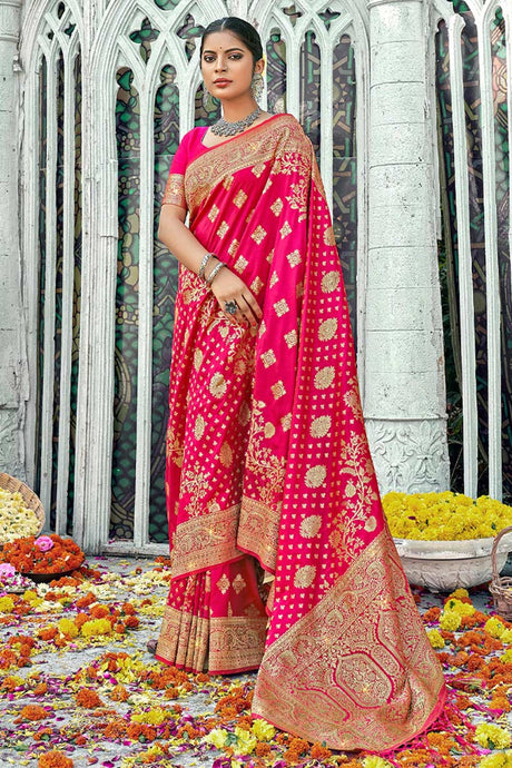 Magenta Floral Banarasi Woven Saree