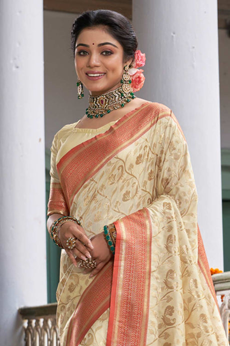 Off-White Banarasi Woven Saree