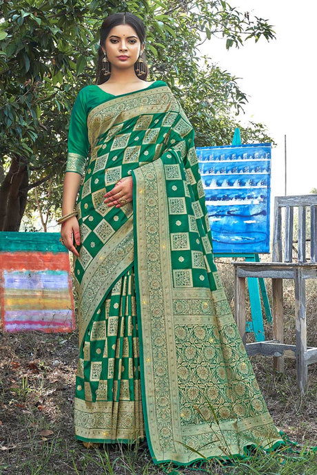 Green Block Printed Banarasi Woven Saree