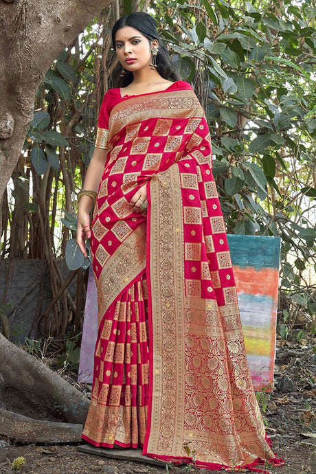 Red Block Print Banarasi Woven Saree