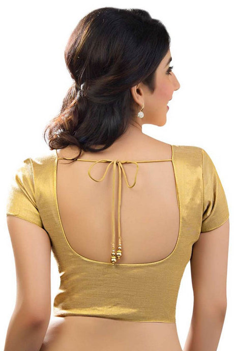 Gold Polyester Front Open Padded Half Sleeves Saree Blouse