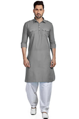 Buy Men's Grey Cotton Solid Pathani Set Online
