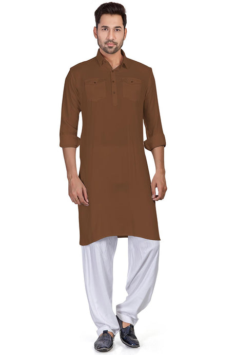 Buy Men's Light Brown Cotton Solid Pathani Set Online