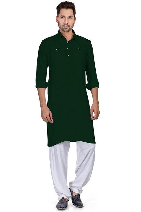 Buy Men's Green Cotton Solid Pathani Set Online