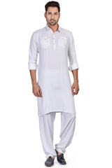 Buy Men's White Cotton Solid Pathani Set Online