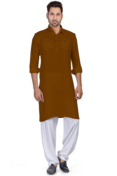 Buy Men's Dark Brown Cotton Solid Pathani Set Online