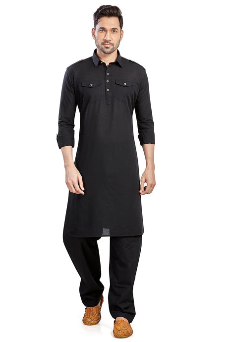 Buy Men's Black Cotton Solid Pathani Set Online
