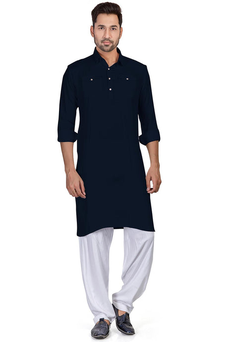 Buy Men's Blue Cotton Solid Pathani Set Online
