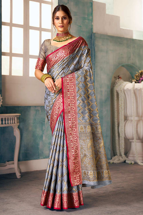 Grey Printe Banarasi Woven Saree